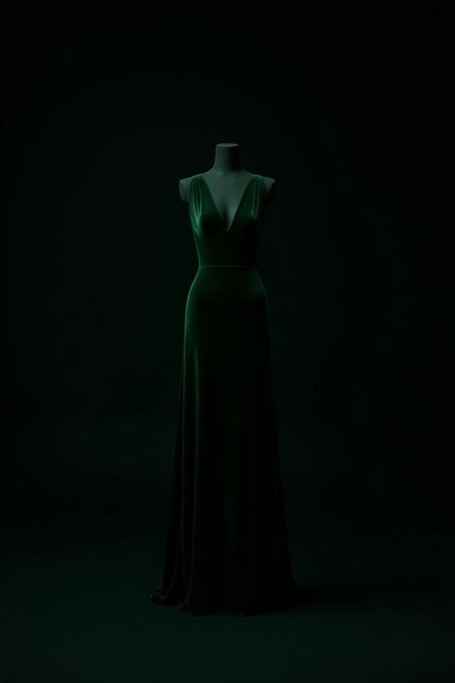 Abito da sera lungo in velluto verde bosco.